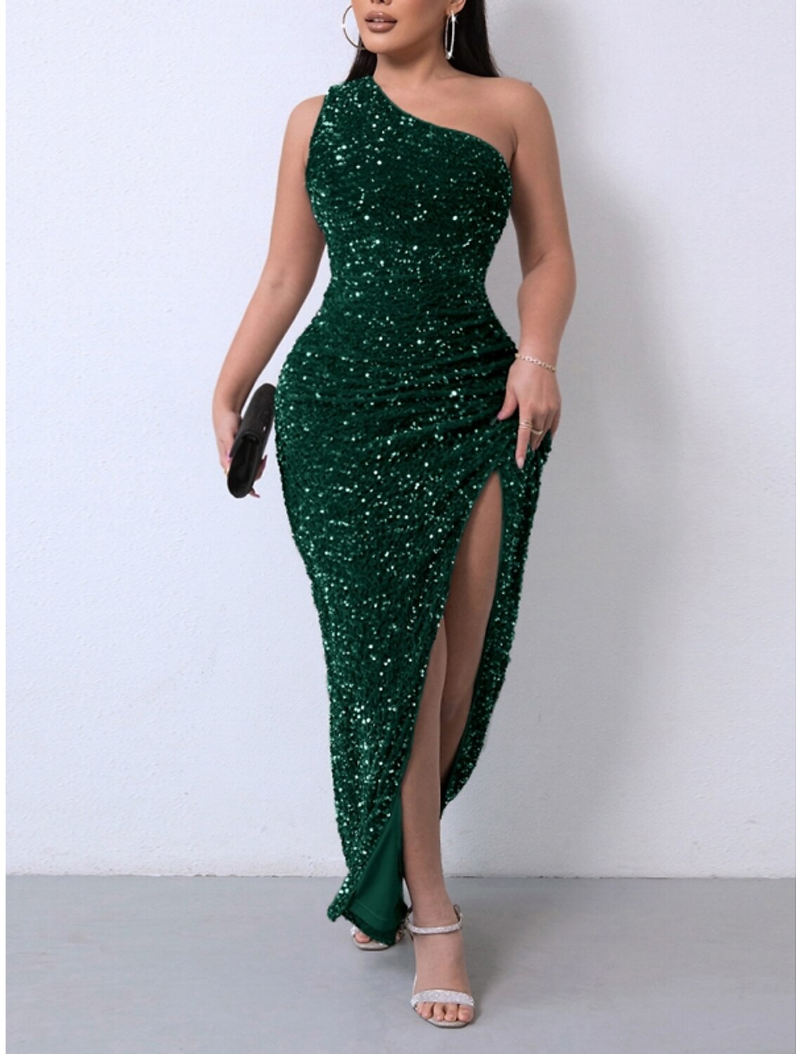 Sheath / Column Party Dresses Party Dress Party Wear Ankle Length Sleeveless One Shoulder Sequined with Glitter Ruched