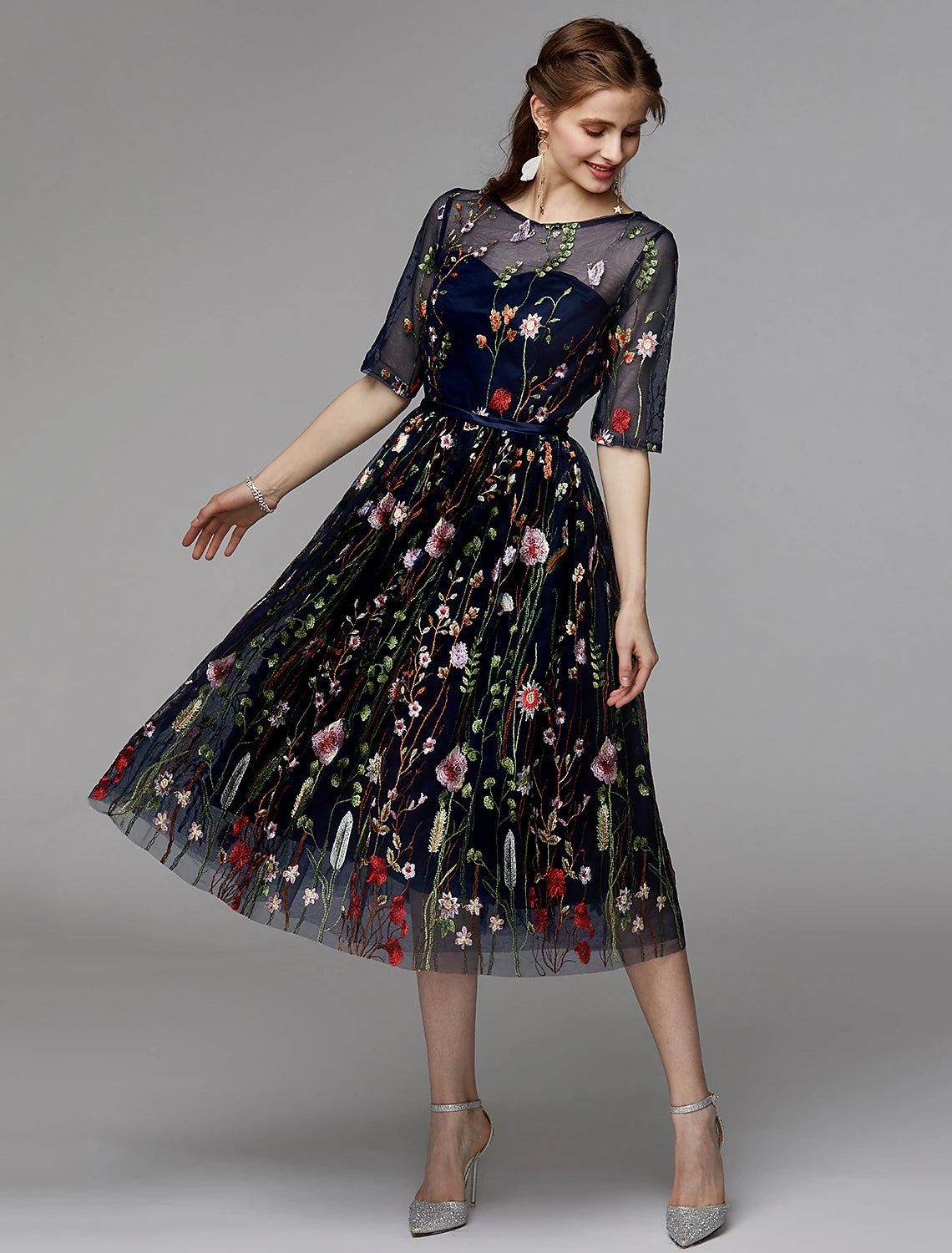 A-Line Party Dress Holiday Tea Length Half Sleeve Illusion Neck Fall Wedding Guest Organza with Embroidery Appliques