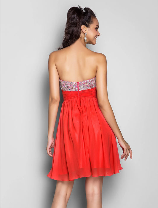 A-Line Cute Dress Wedding Guest Short / Mini Sleeveless Sweetheart Pink Dress Chiffon with Ruched Crystals Beading