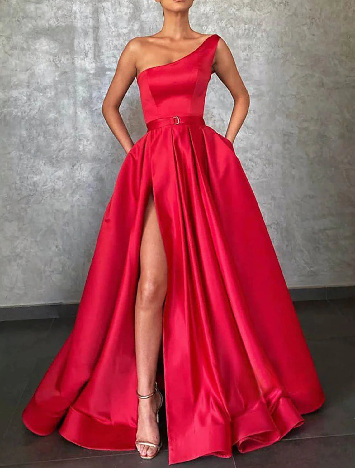 A-Line Evening Gown Celebrity Style Dress Formal Wedding Sweep / Brush Train Sleeveless One Shoulder Belt / Sash Satin with Pleats