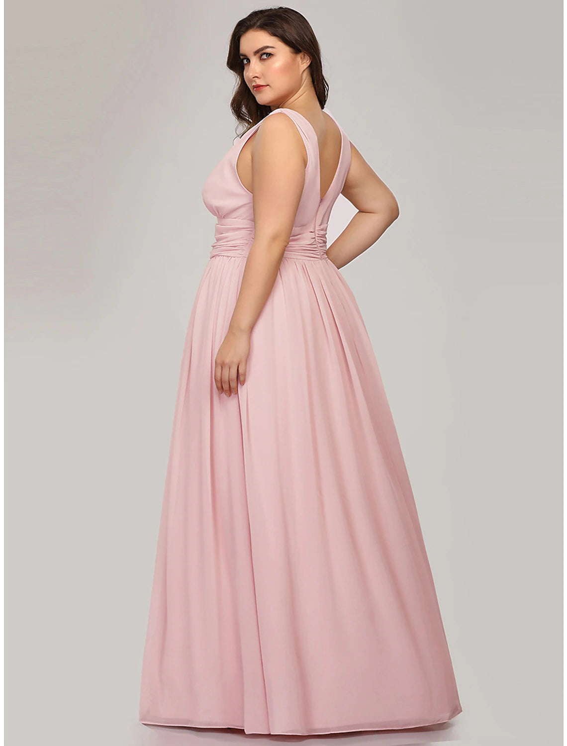 A-Line Plus Size Wedding Formal Evening Dress V Neck V Back Sleeveless Floor Length Chiffon with Pleats
