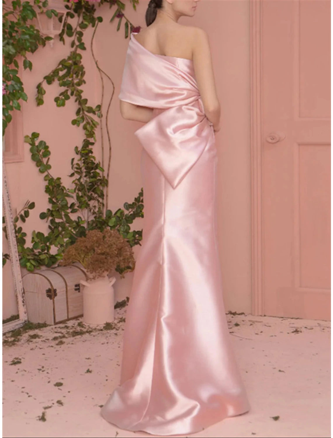 Mermaid / Trumpet Prom Dresses Celebrity Style Dress Engagement Formal Evening Floor Length Short Sleeve One Shoulder Satin with Bow(s)