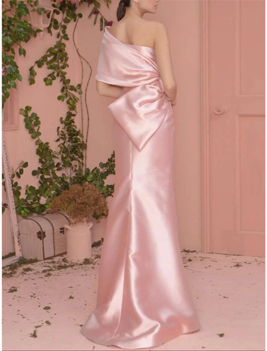 Mermaid / Trumpet Prom Dresses Celebrity Style Dress Engagement Formal Evening Floor Length Short Sleeve One Shoulder Satin with Bow(s)