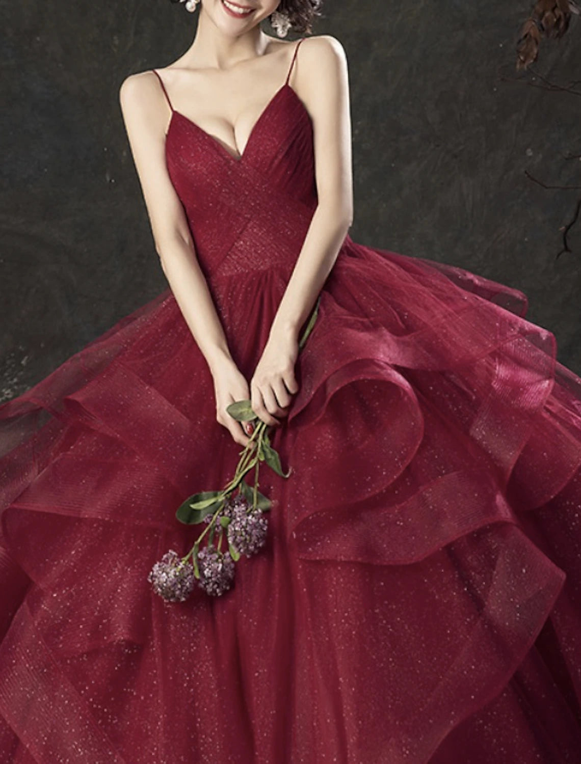 Ball Gown Glittering Luxurious Quinceanera Engagement Valentine's Day Dress V Neck Sleeveless Floor Length Tulle with Tier