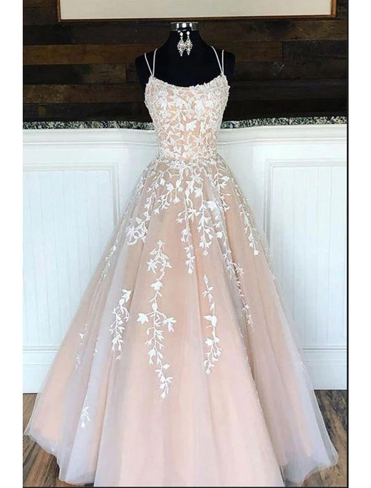 A-Line Prom Dresses Elegant Dress Engagement Floor Length Sleeveless Spaghetti Strap Tulle with Pleats Appliques