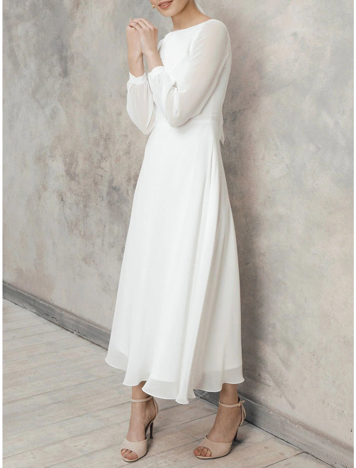 A-Line Cocktail Dresses Little White Dresses Dress Wedding Reception Tea Length Long Sleeve Jewel Neck Fall Wedding Guest Cotton V Back with Ruffles Pure Color