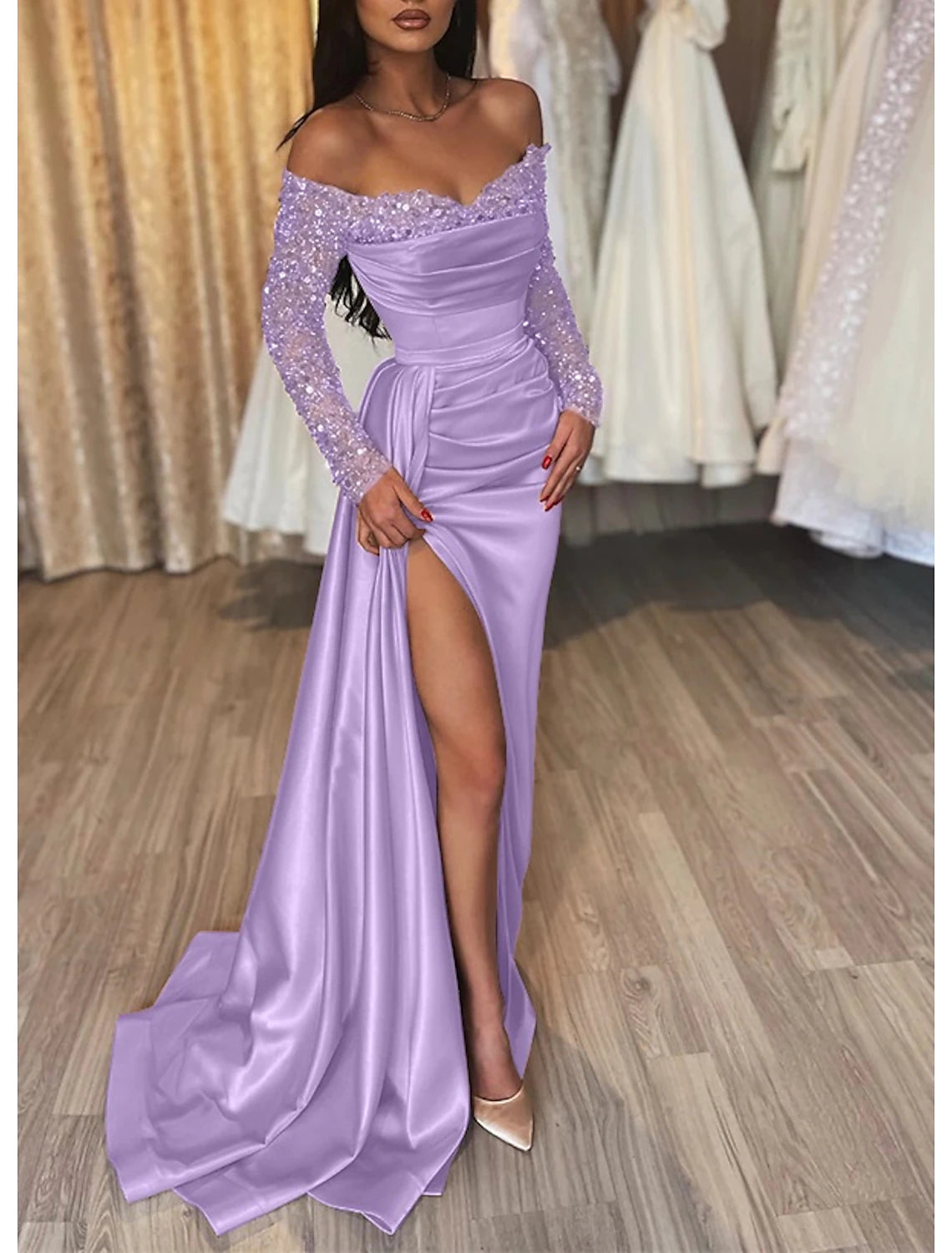 Mermaid Black Dress Evening Gown Ruched Sequin Dress Formal Sparkle Wedding Party Court Train Long Sleeve Off Shoulder Fall Wedding Reception Satin with Slit