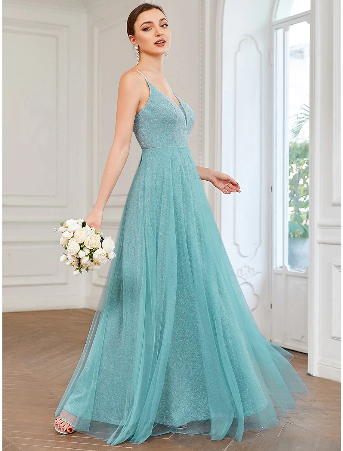 A-Line Prom Dresses Elegant Dress Wedding Guest Floor Length Sleeveless V Neck Tulle with Draping