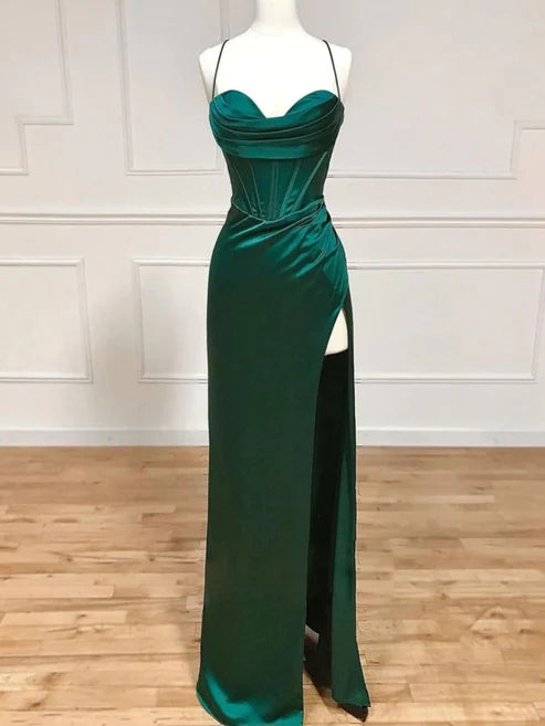 DingJiDress Emerald Floor Length Corset Prom Dresses With Side Slit