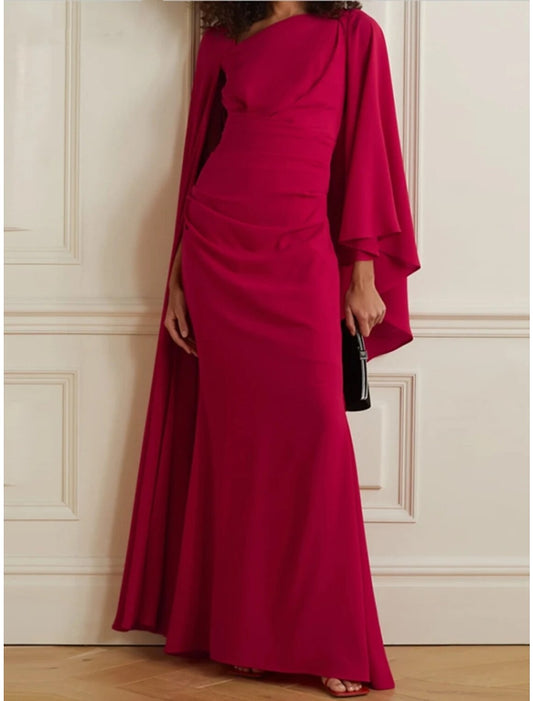 Sheath / Column Evening Gown Elegant Dress Formal Christmas Ankle Length Long Sleeve Scoop Neck Stretch Chiffon with Pleats Ruched
