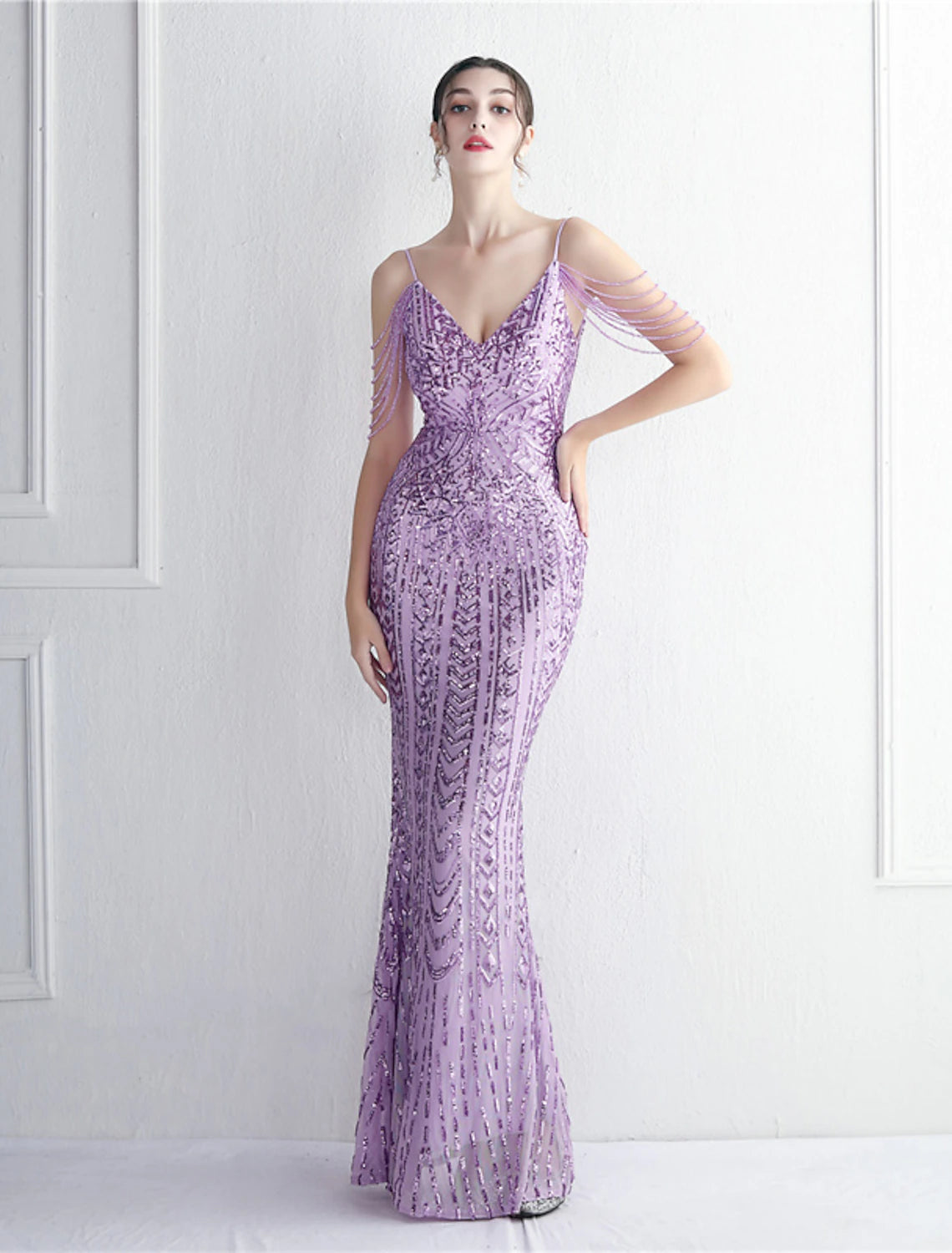 Mermaid / Trumpet Evening Gown Sparkle & Shine Dress Formal Floor Length Short Sleeve Spaghetti Strap Polyester with Beading Sequin