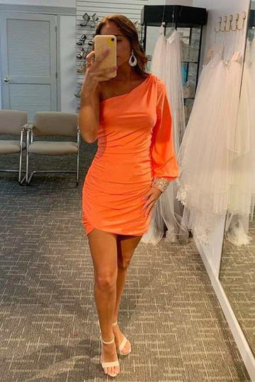 Wholesale Hot Pink One Sleeve Ruched Mini Homecoming Dress