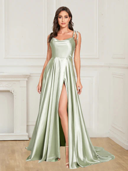 DingJiDress Sexy Satin Straps Sleeveless Split Front Prom Dress