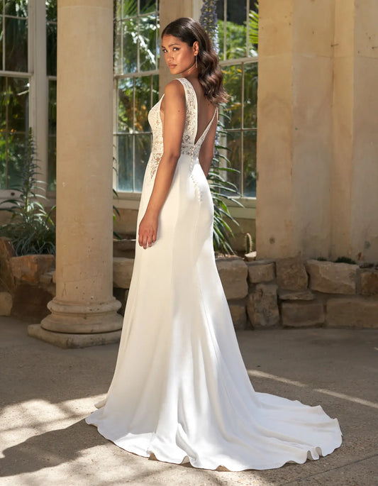 DingJiDress a crepe sheath gown with symmetrical taping details