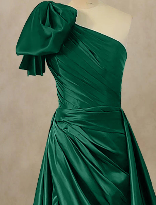 A-Line Evening Gown Celebrity Style Dress Formal Christmas Court Train Sleeveless One Shoulder Satin with Ruched