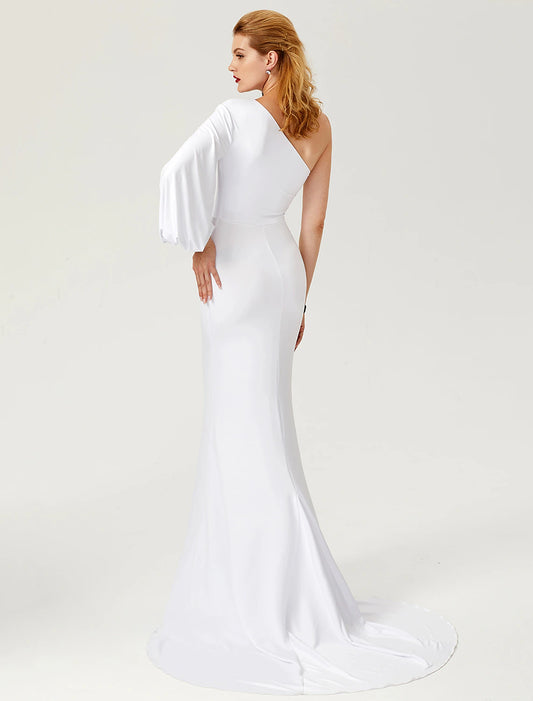 Mermaid / Trumpet Celebrity Style Dress Engagement Formal Evening Court Train Long Sleeve One Shoulder Jersey with Pleats