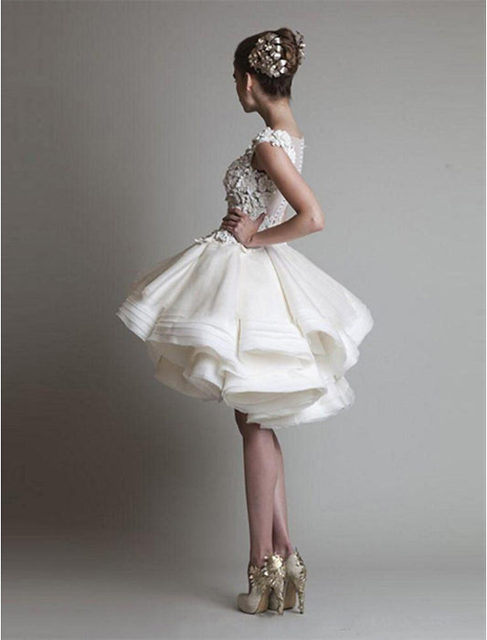 Ball Gown Floral Little White Dresses Puffy Homecoming Cocktail Party Valentine's Day Dress Jewel Neck Sleeveless Short / Mini Organza with Tier Appliques Shouder Flower