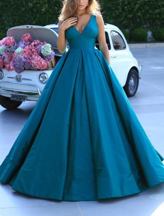 Ball Gown Minimalist Elegant Quinceanera Prom Dress V Neck Sleeveless Sweep / Brush Train Satin with Pleats