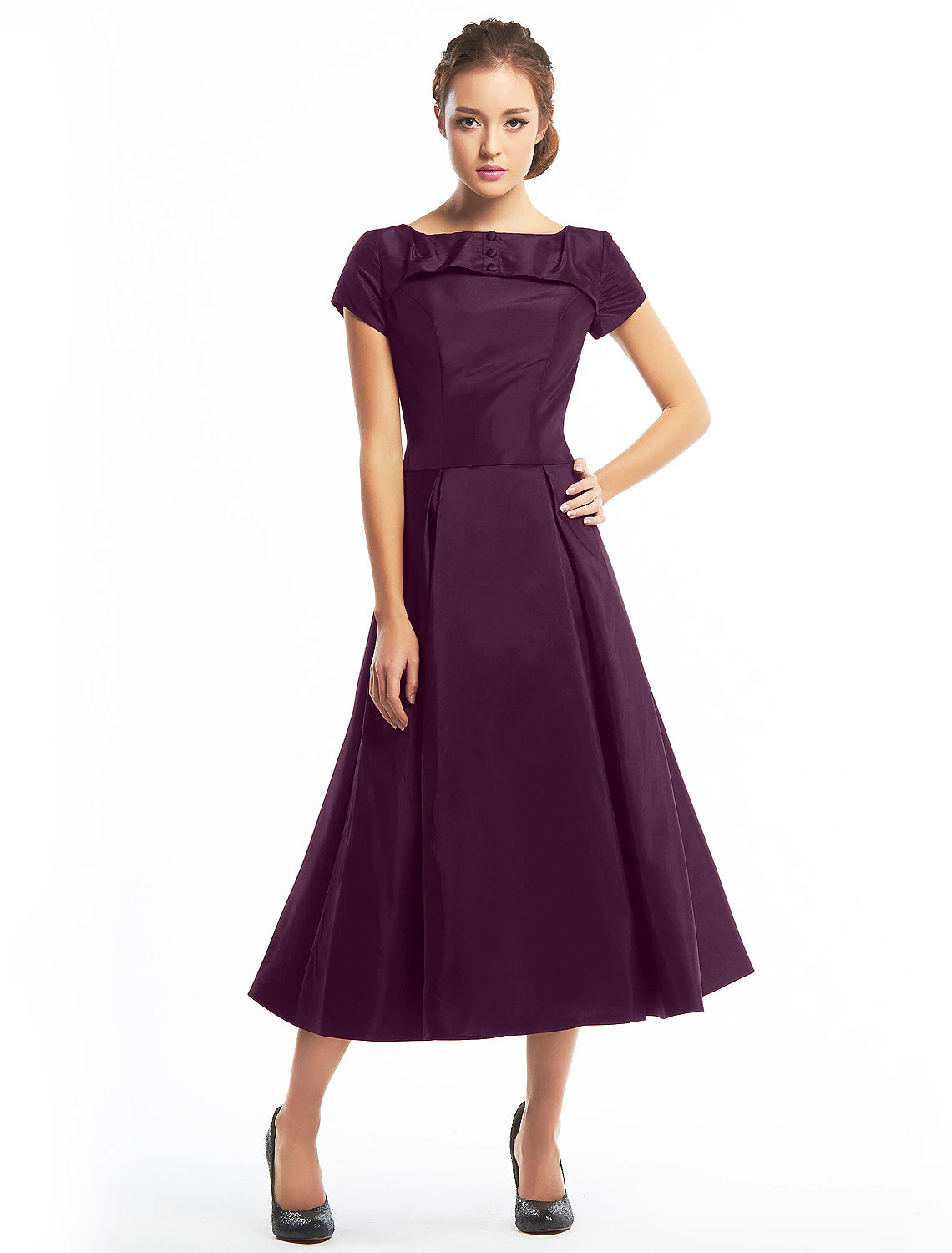 A-Line Vintage Dress Homecoming Tea Length Short Sleeve Boat Neck Taffeta with Buttons