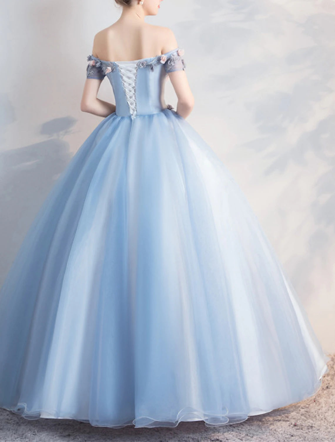 Ball Gown Floral Puffy Quinceanera Prom Dress Off Shoulder Short Sleeve Floor Length Polyester with Appliques