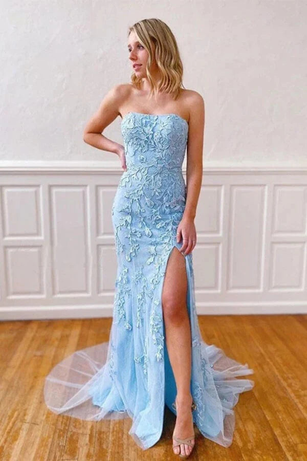 DingJiDress Hot Sale Blue Long Prom Dresses Mermaid Strapless With Slit