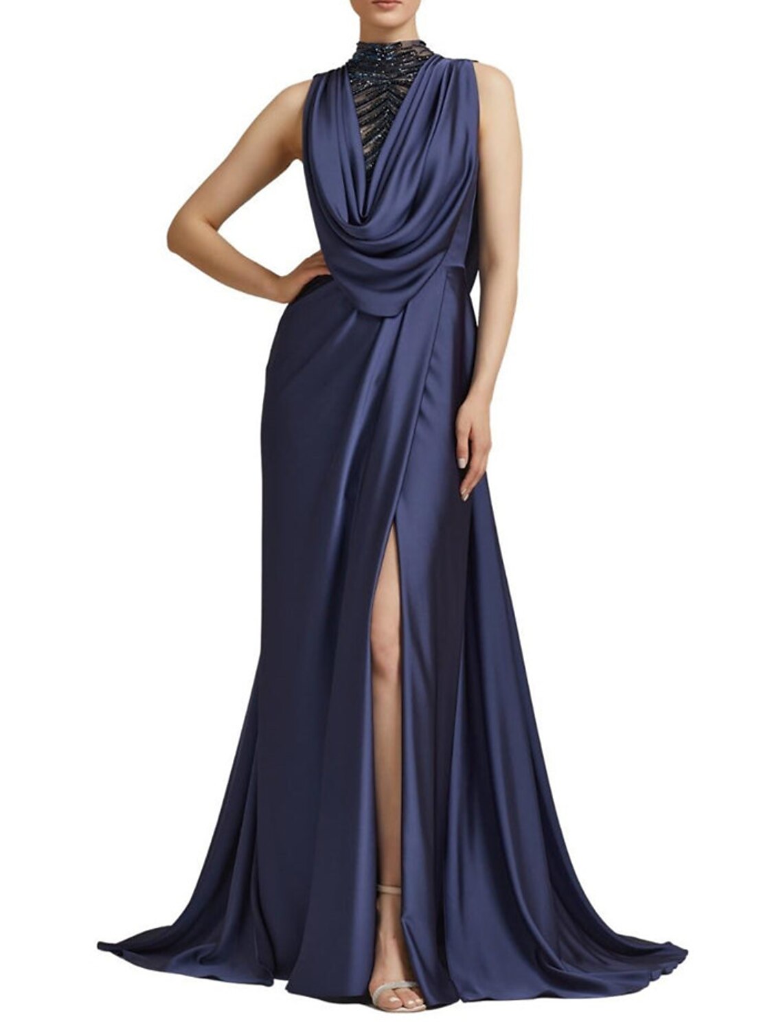 Mermaid / Trumpet Evening Gown Elegant Dress Formal Christmas Court Train Sleeveless Cowl Neck Satin with Ruched Slit