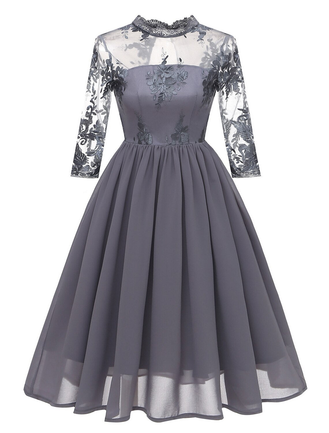 A-Line Cocktail Dresses Vintage Dress Graduation Party Wear Knee Length Sleeveless Jewel Neck Lace with Lace Insert Embroidery Appliques