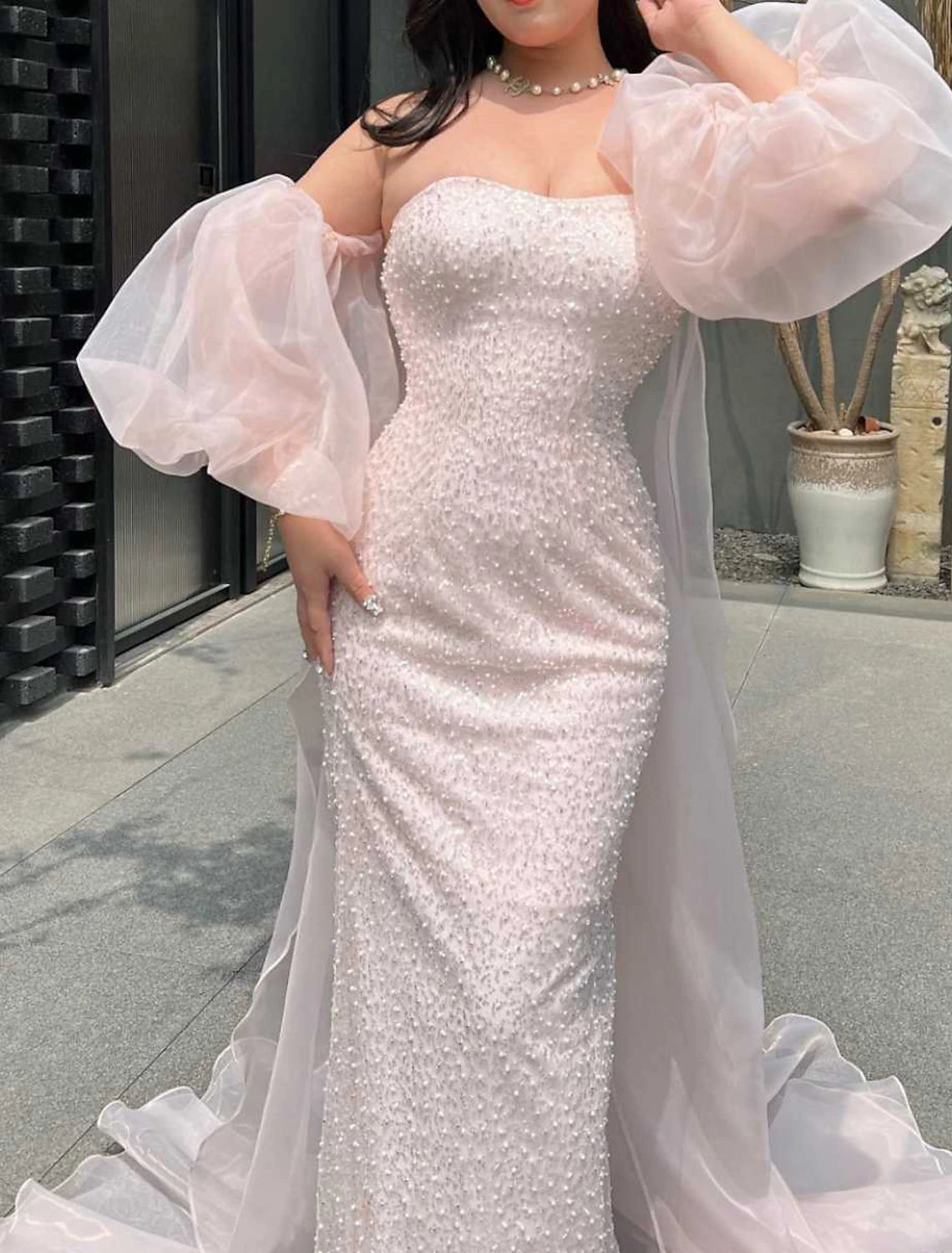 Mermaid / Trumpet Prom Dresses Sparkle & Shine Dress Formal Floor Length Short Sleeve Strapless Organza with Pearls