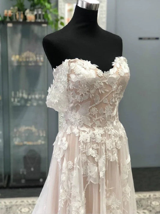 DingJiDress Princess Off The Shoulder A Line Applique Tulle Wedding Dresses