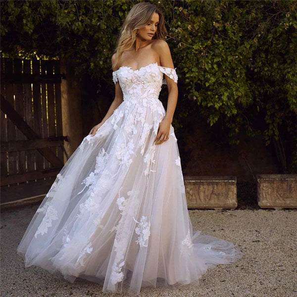 DingJiDress Princess Off The Shoulder A Line Applique Tulle Wedding Dresses