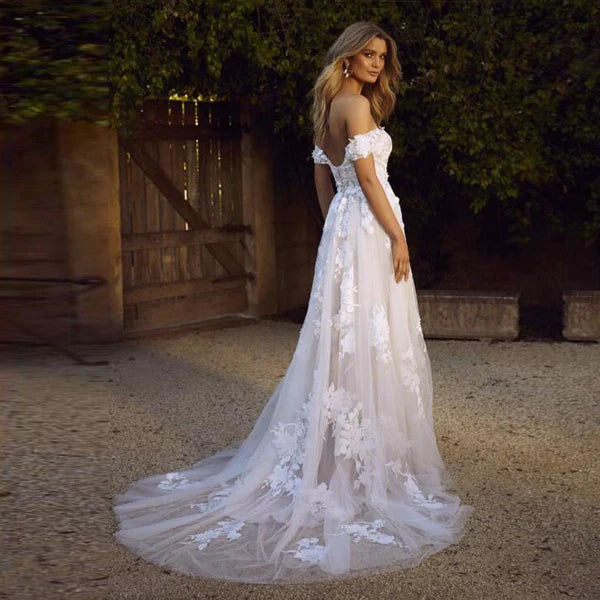 DingJiDress Princess Off The Shoulder A Line Applique Tulle Wedding Dresses