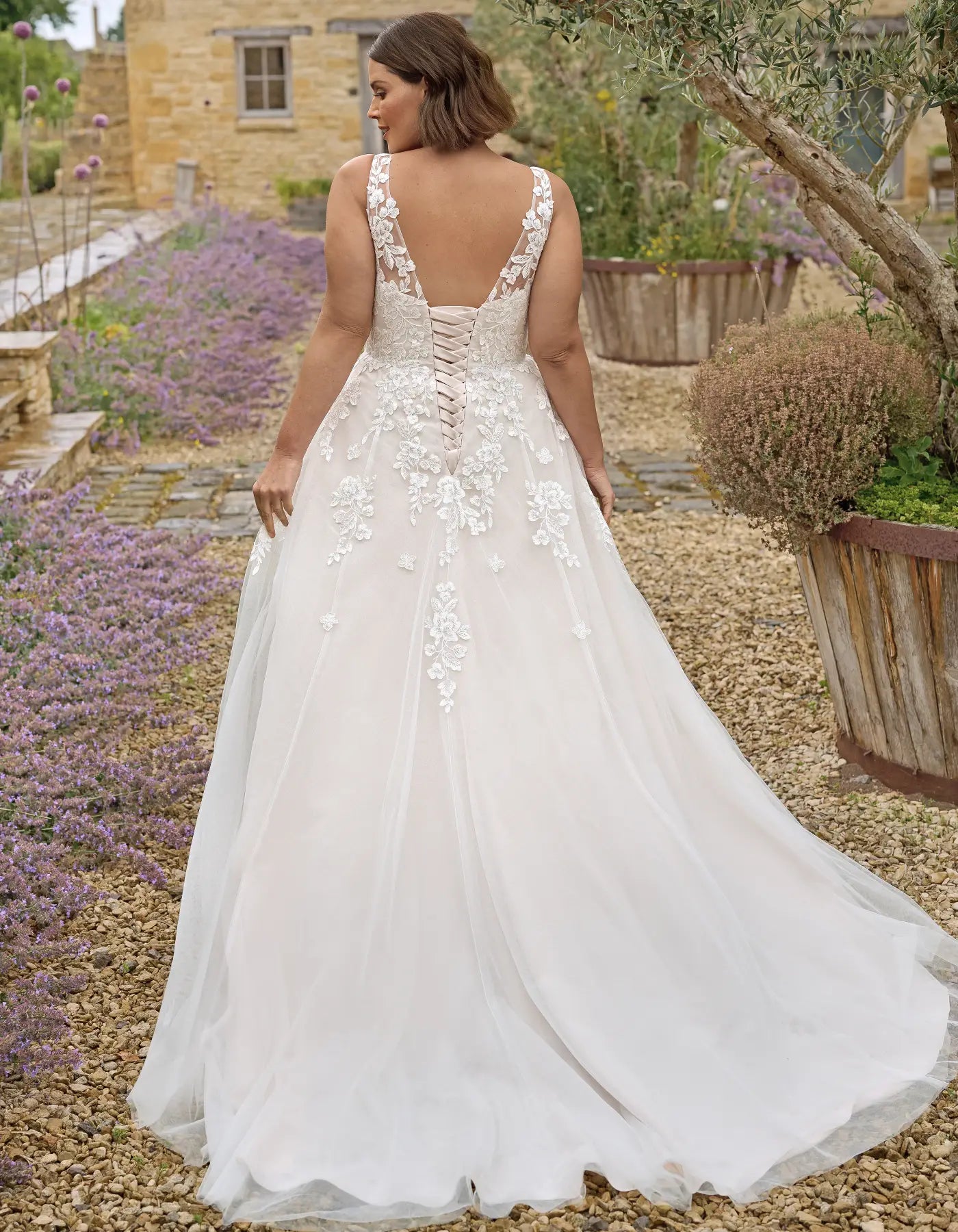 a floral lace a-line wedding dress