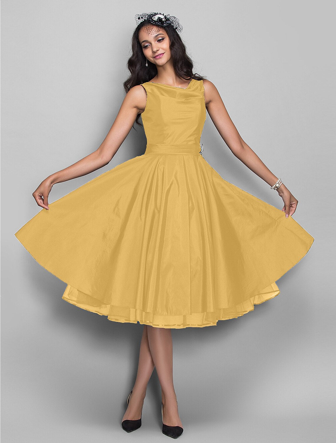 A-Line Cocktail Dresses Vintage Dress Halloween Knee Length Sleeveless V Neck Taffeta with Pleats Crystals