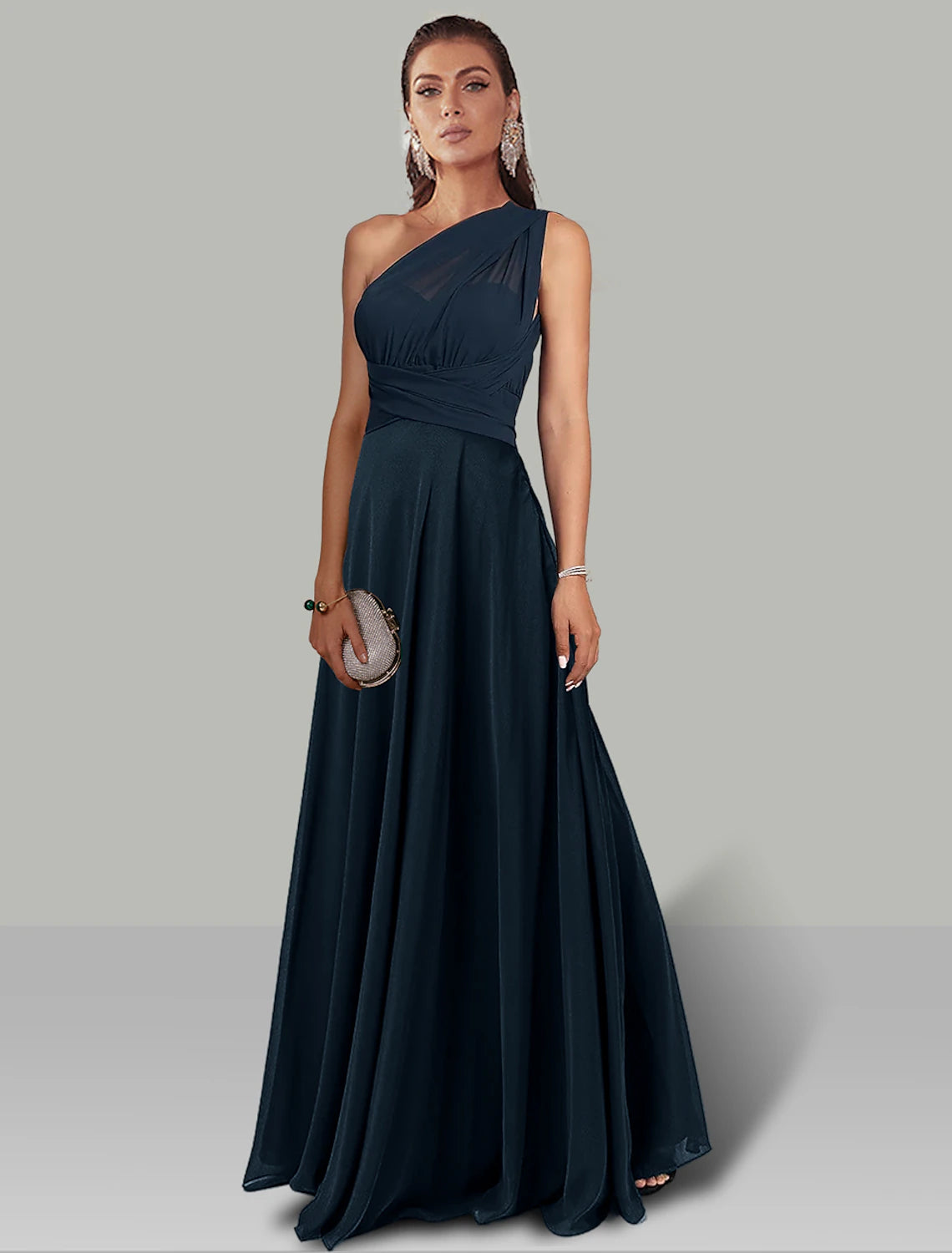 A-Line Wedding Guest Dresses Infinity Dress Wedding Party Floor Length Short Sleeve Halter Convertible Chiffon with Ruched