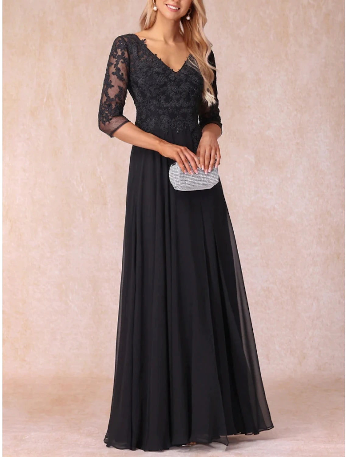 A-Line Mother of the Bride Dress Wedding Guest Elegant V Neck Floor Length Chiffon Lace 3/4 Length Sleeve with Ruching
