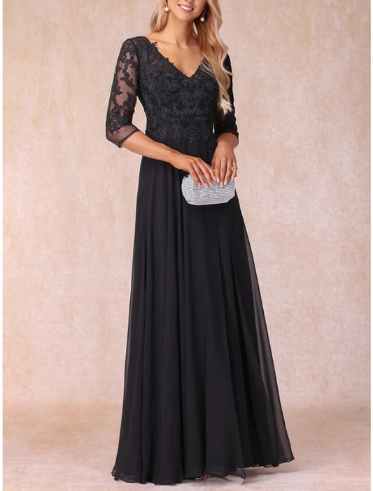 A-Line Mother of the Bride Dress Wedding Guest Elegant V Neck Floor Length Chiffon Lace 3/4 Length Sleeve with Ruching