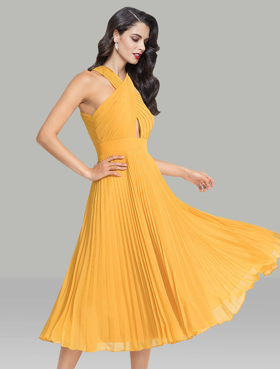 A-Line Wedding Guest Dresses Elegant Dress Cocktail Party Wedding Party Tea Length Sleeveless Halter Neck Chiffon with Ruched