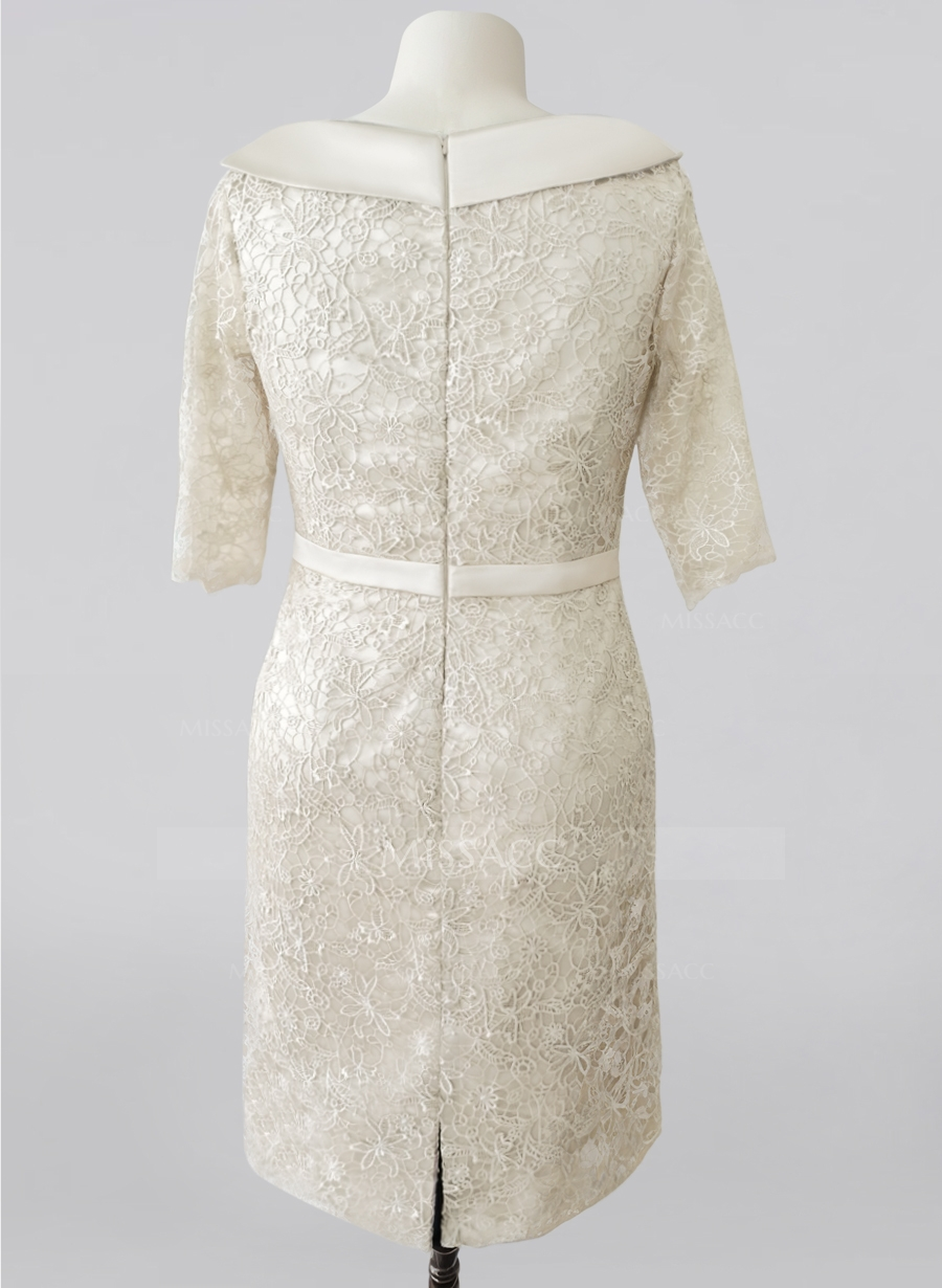 Sheath / Column Mother of the Bride Dress Little White Dresses Elegant Scoop Neck Knee Length Satin Lace Half Sleeve with Crystal Brooch