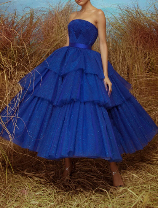 Ball Gown Cocktail Dresses 1950s Dress Engagement Prom Ankle Length Sleeveless Strapless Tulle with Sash / Ribbon Sequin Tiered