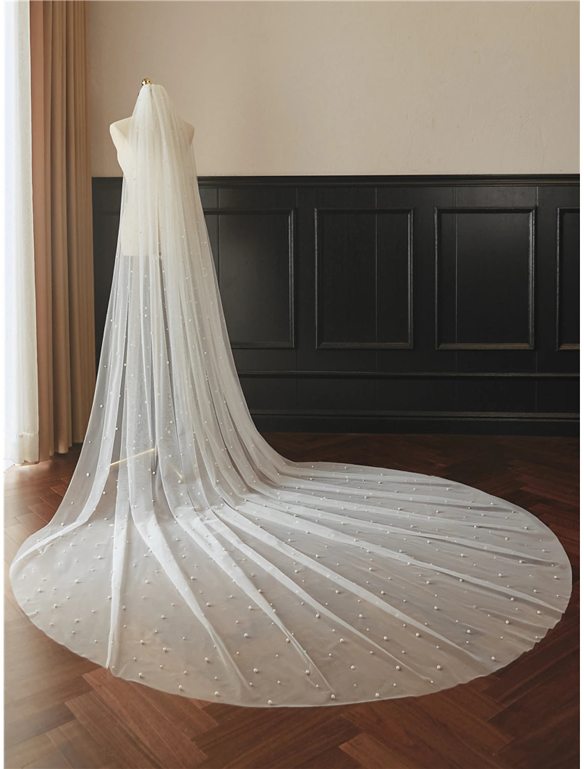 DingJiDress One-tier Pearls Wedding Veil Cathedral Veils with Faux Pearl Size: 300 Tulle