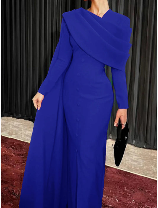 Sheath / Column Red Black Christmas Red Green Dress Evening Gown Elegant Cape Dress Formal Fall Sweep / Brush Train Long Sleeve Cowl Neck Stretch Fabric with Buttons