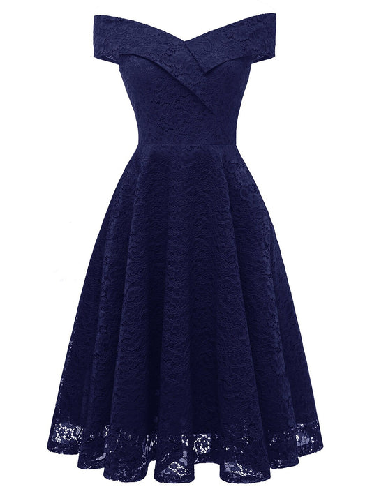 A-Line WE Party Dress Holiday Graduation Knee Length Short Sleeve Off Shoulder Bridesmaid Dress Lace with Pleats