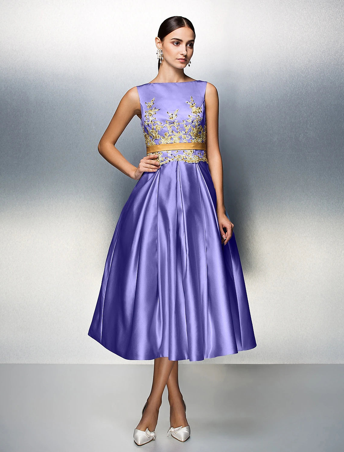A-Line Cocktail Dresses Party Dress Wedding Guest Tea Length Sleeveless Jewel Neck Satin V Back with Pleats Appliques