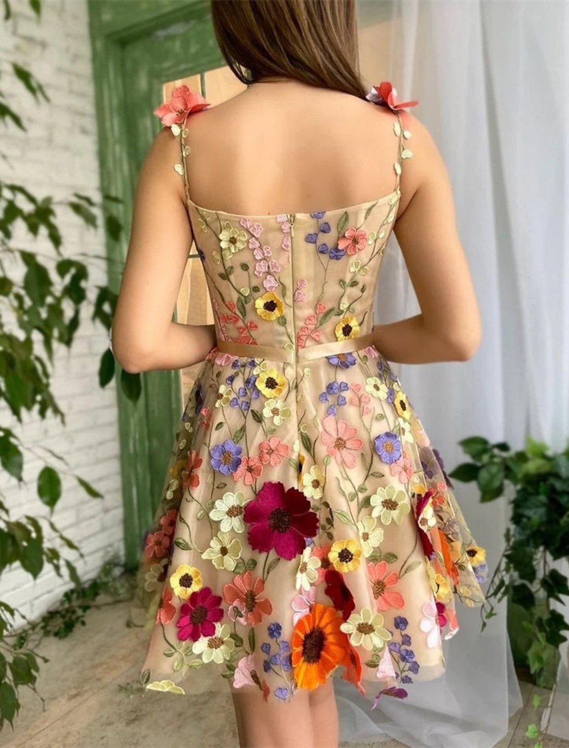 A-Line Cocktail Dresses Floral Dress Summer Garden Party Short / Mini Sleeveless Spaghetti Strap Tulle with Appliques