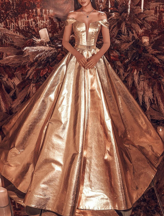 A-Line Evening Gown Celebrity Style Dress Carnival Quinceanera Sweep / Brush Train Short Sleeve Off Shoulder The Great Gatsby PU with Glitter