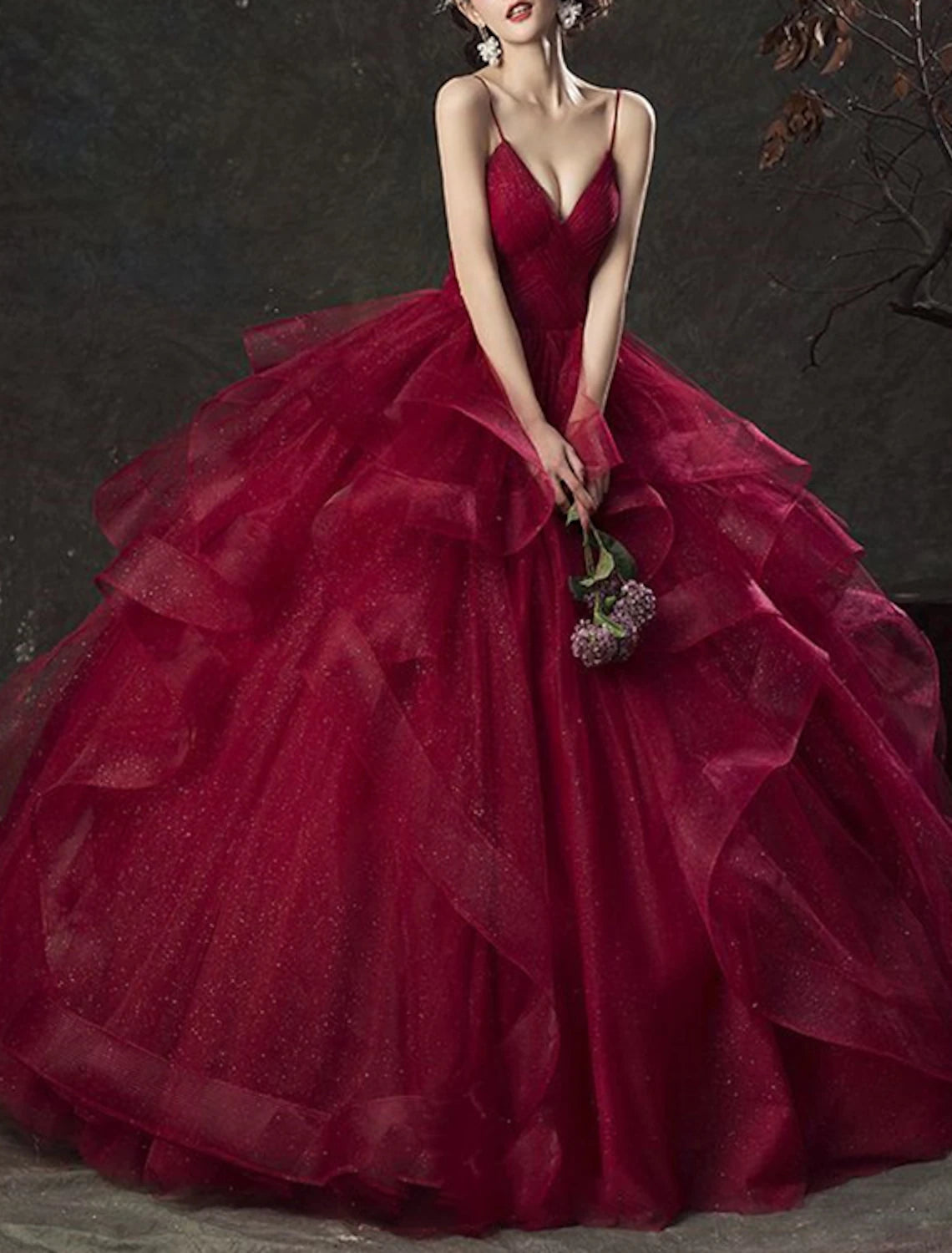 Ball Gown Glittering Luxurious Quinceanera Engagement Valentine's Day Dress V Neck Sleeveless Floor Length Tulle with Tier