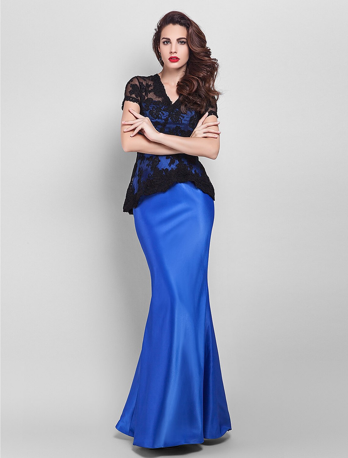 Holiday Cocktail Party Prom Dress V Neck Short Sleeve Floor Length Lace with Lace Appliques