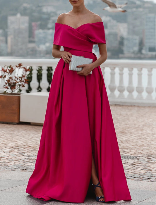 A-Line Evening Gown Party Dress Celebrity Style Dress Formal Wedding Court Train Sleeveless Off Shoulder Bridesmaid Dress Satin with Ruched