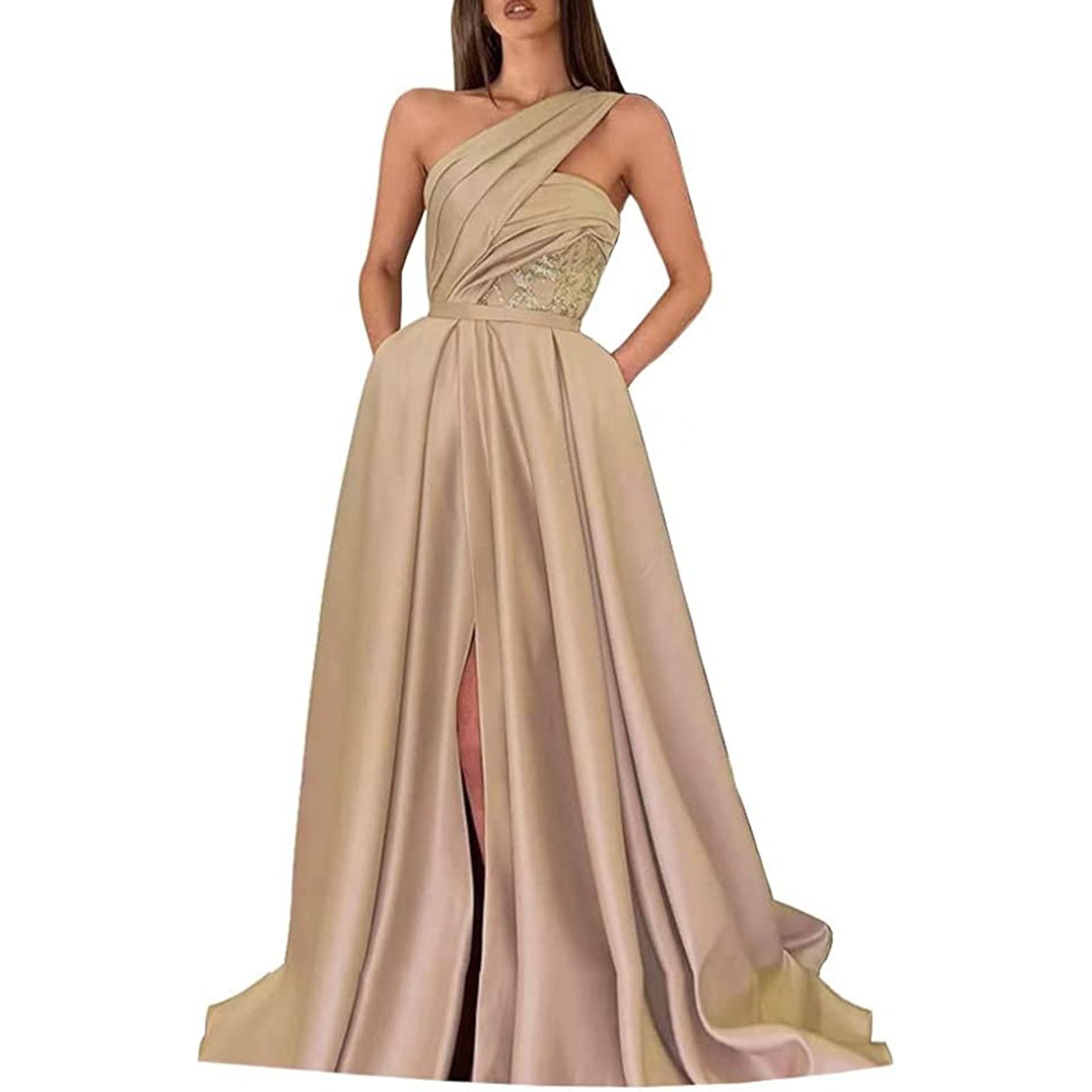 A-Line Evening Gown Celebrity Style Dress Formal Floor Length Sleeveless One Shoulder Satin with Ruched Slit