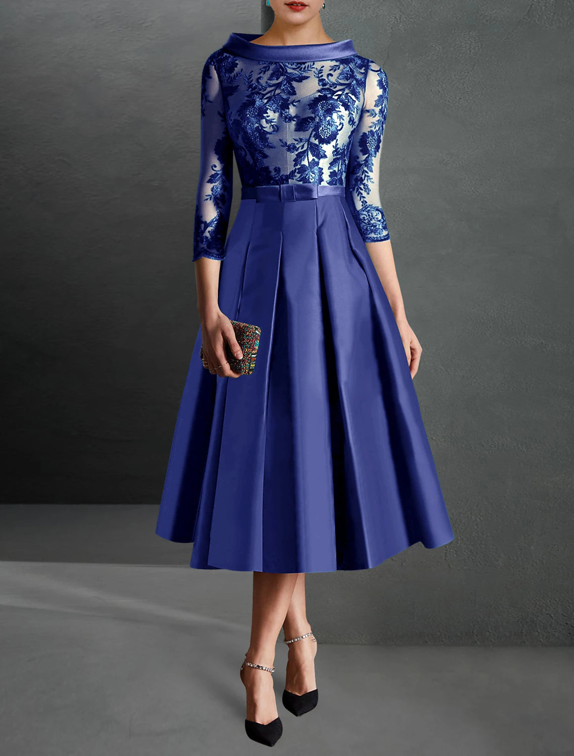 A-Line Cocktail Dresses Elegant Dress Formal Kentucky Derby Tea Length 3/4 Length Sleeve Jewel Neck Fall Wedding Guest Satin with Pleats Appliques